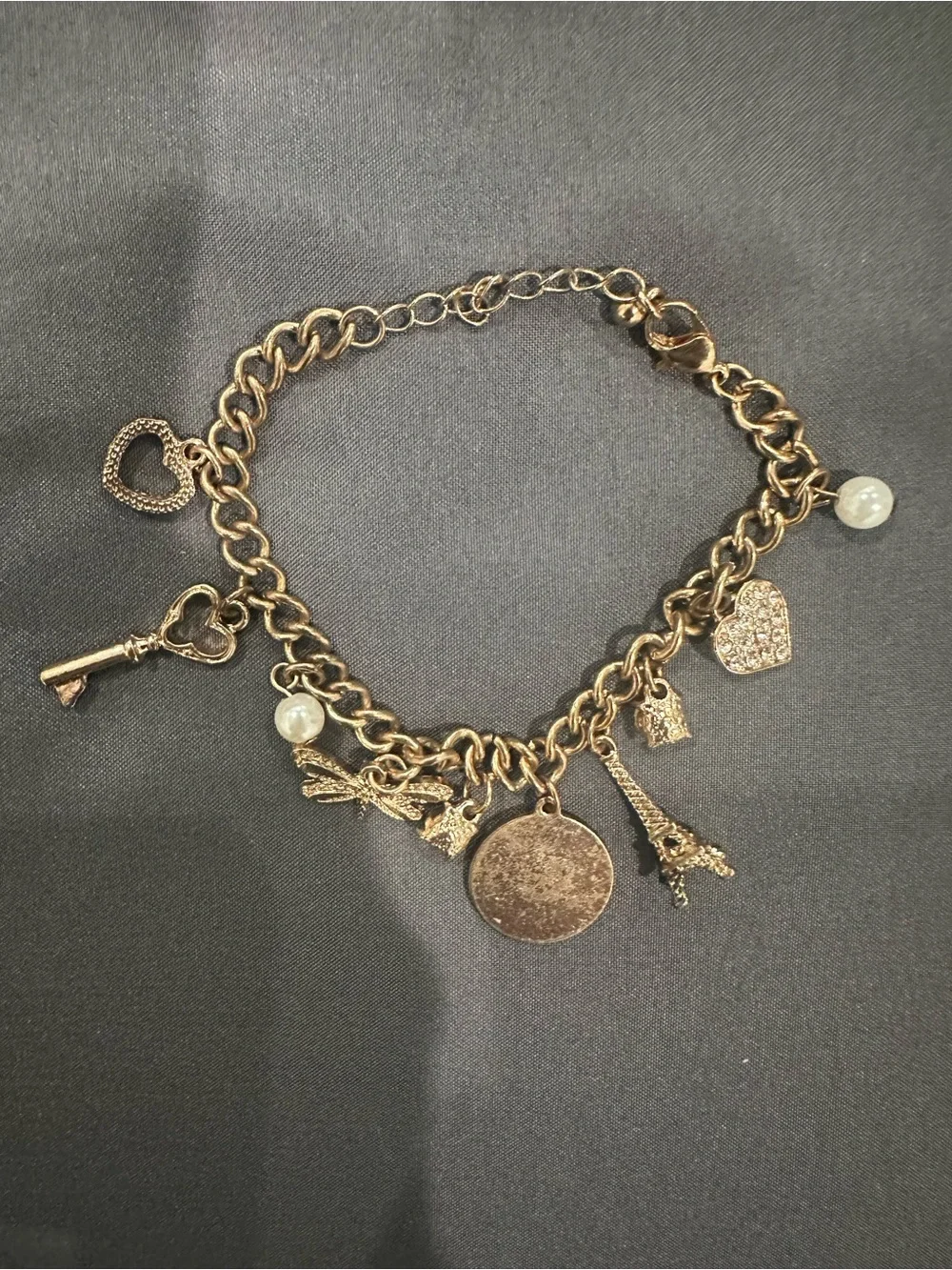 Gold-Tone Charm Bracelet with Hearts, Key & Eiffel Tower
